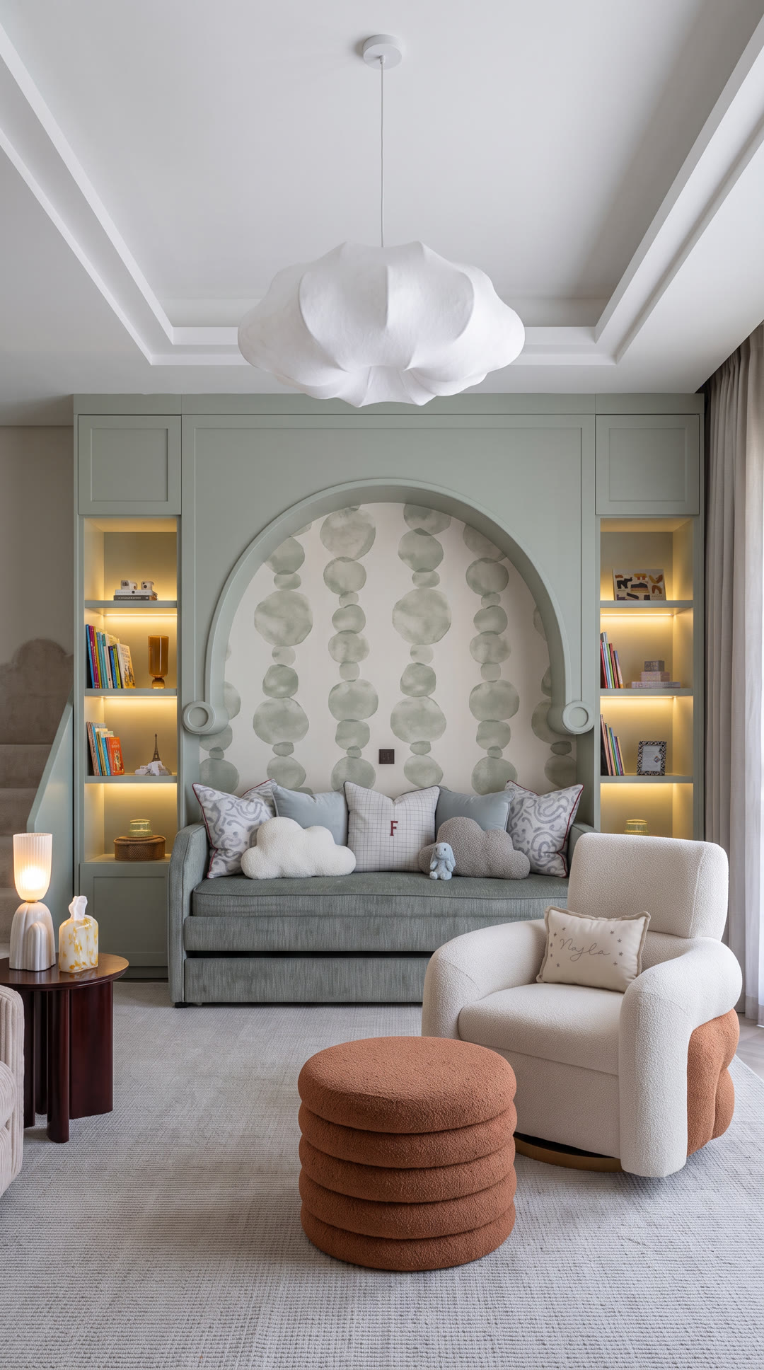 A finished Rosa Blue nursery with a sage arched niche, a daybed and a cream armchair.