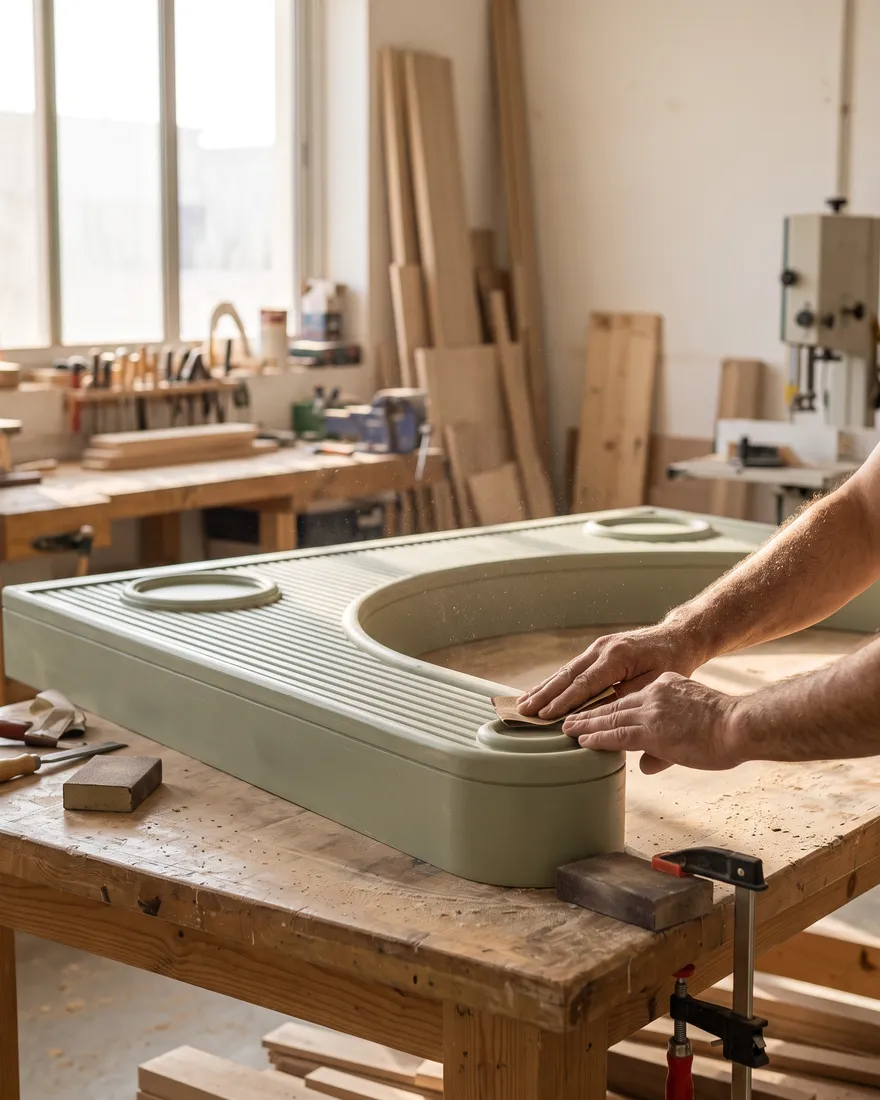 A craftsman sanding the curved edge of a sage arched panel in the workshop.