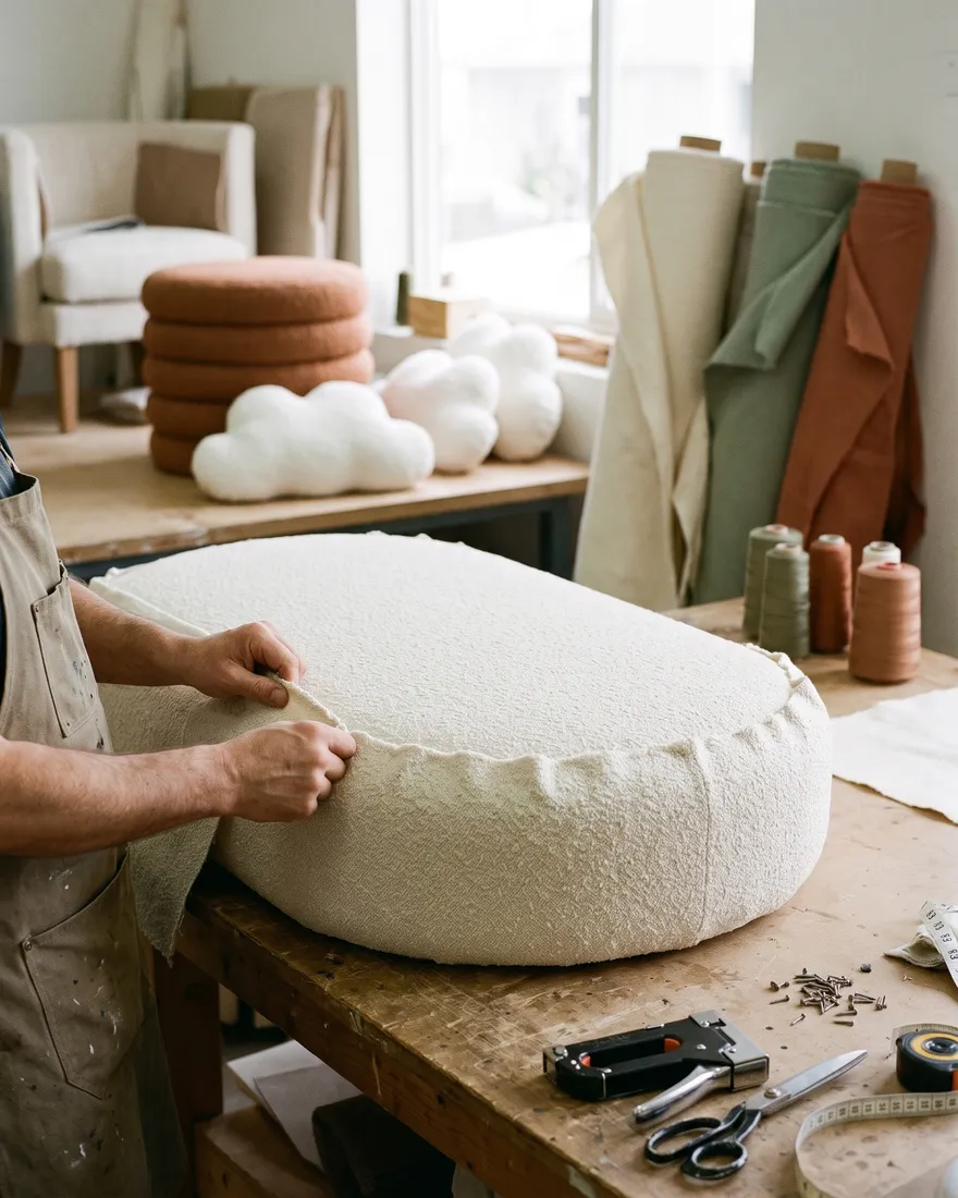 An upholsterer stretching cream bouclé over a daybed cushion, with cloud cushions and a terracotta pouf behind.